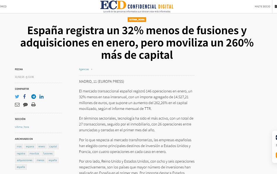 Espaa registra un 32% menos de fusiones y adquisiciones en enero, pero moviliza un 260% ms de capital